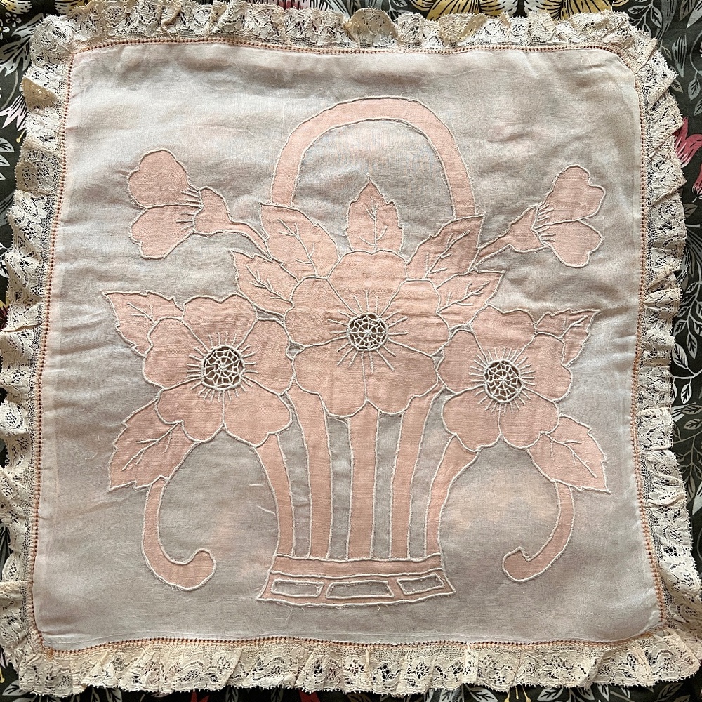 Vintage Linen Appliquéd Pillow Cover 14" X 14"